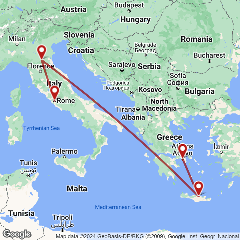 Route for Rome, Bologna, Heraklion, Athens tour